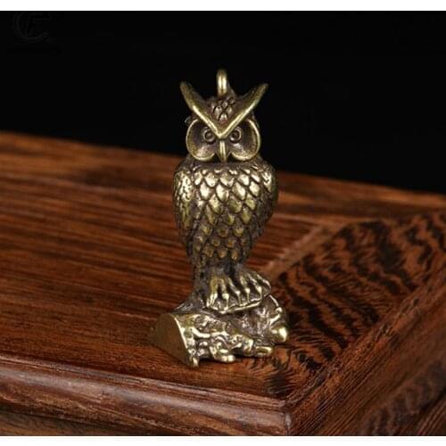 Antique Bronze Standing Owl Statue Desktop Small Ornament Vintage Copper Animal Tea Pet Decorations Crafts Key Chains Pendants