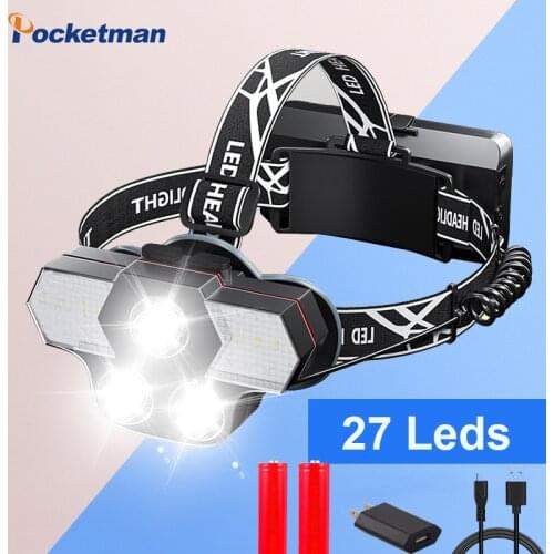 60000Lumens 27 LED Headlamp Super Bright Head Lamp Lantern 6-mode Headlight Best for Outdoor Camping Lamp With Red Warning Light
