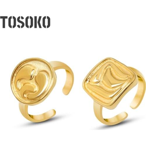 TOSOKO Stainless Steel Jewelry Geometric Round Square Ring Three Dimensional Carving Fashion Ring BSA216
