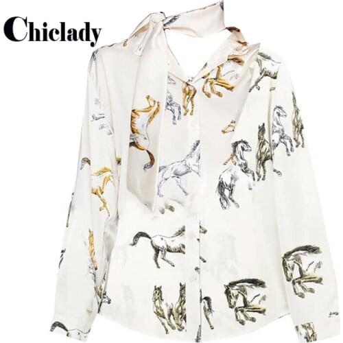 CHICLADY beige floral satin horse printed full sleeve bow collar blouse femme lace up vintage French stylish elegant shirt tops