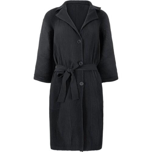 Miyake Pleated 2021 Winter long coat women aesthetic clothes causal belt black oversized brown jacket Trench plus size coats