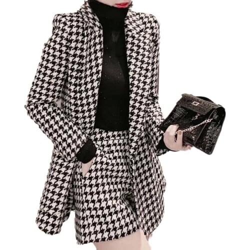 Office Lady houndstooth women 2 Pieces Set Double Breasted Blazer all-match high waist shorts Short Suits 2021 Spring New