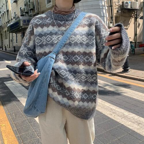 Knitted Sweater Women Oversized Argyle Pullover Ladies Long Sleeve Loose Knitwear Autumn Winter Warm Tops Style Chic Streetwear