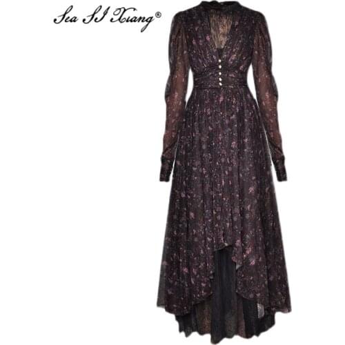 Seasixiang Fashion Designer Spring Dress Women Dress Long Sleeve Ruched Floral-Print Big pendulum Asymmetrical Vacation Dresses