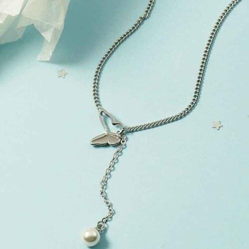KOFSAC New Hollow Butterfly Necklace For Women 925 Sterling Silver Pearl Tassel Necklaces Clavicle Chain Jewelry Romantic Gift