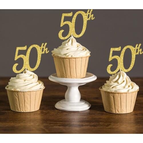 Gold/Silver/Black Glitter 50th Cupcake Toppers Picks, Fifty Birthday Party Decorations 50 Anniversary Cake Accessory Supplies