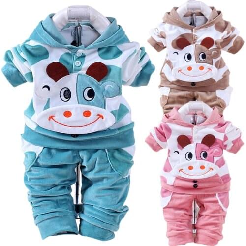 Toddler Baby Boys Girls Clothing Set Velvet Cows Embroidery Long Sleeve Hoodie + Pants 2Pc Suit For Boy Baby Kids Clothing Sets