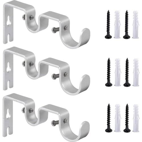 3Pcs/Set Curtain Rod Brackets Heavy Duty Double Rod Holders Durable Metal Curtain Rod Wall Brackets with Screw Silver CNIM Hot