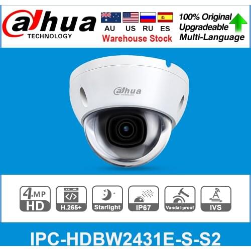 Dahua Original IPC-HDBW2431E-S-S2 4MP HD POE SD Card Slot H.265 IP67 IK10 30M IR Starlight IVS WDR Upgradeable Dome IP Camera