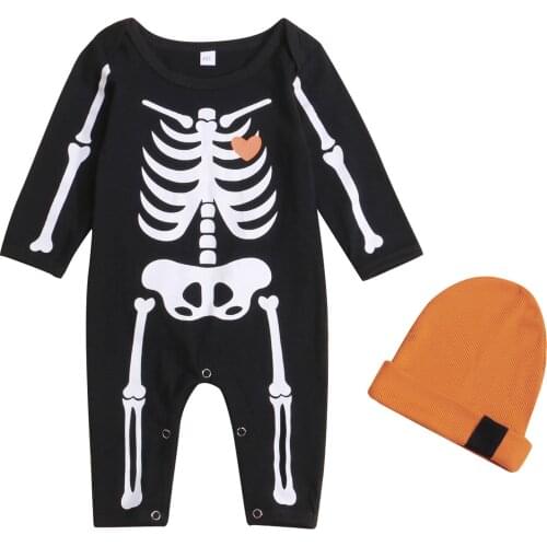 Newborn Baby Girls Boys Halloween Romper With Hats 2pcs Cartoon Printed Long Sleeve Jumpsuits Outfits 0-18M