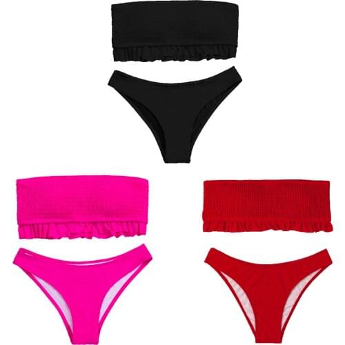 Summer Women Swimsuit, Ruffle Bikini, Patchwork Flouncing Off-Shoulder Sleeveless Push Up Low Waist Briefs, No Shoulder Strap