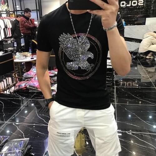 Mens new European fashion short-sleeved slim heavy-duty drill 100% cotton round neck shirt t-shirt men