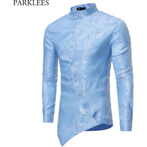 Paisley Shirt Men 2018 Irregular Oblique Hem Social Shirt Mens Causal Button Down Dress Shirts Slim Long Sleeve Chemise Homme