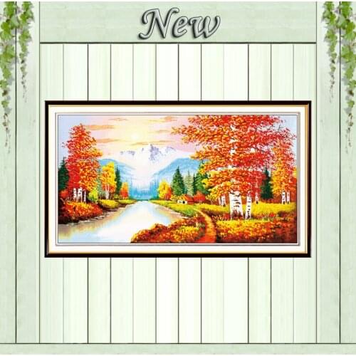 Golden time Snow mountain river Scenery painting Counted print on canvas DMC14CT 11CT Cross Stitch Needlework kits Embroider Set