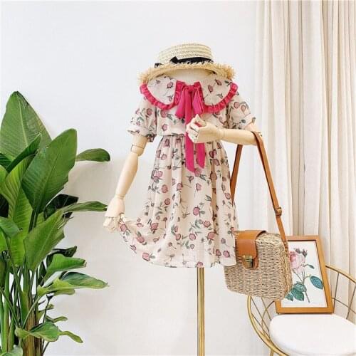 Girls Princess Floral Dresses 2021 New Summer Flowers Print Party Costumes Children Short Sleeve Bowtie Vestidos Casual Clothes
