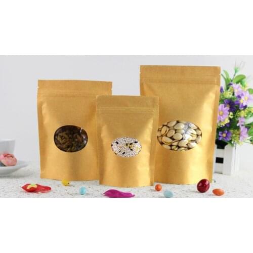 18*26+4cm 50pcs Stand Up Clear Oval Window Brown kraft paper bags with Zipper lock for Food/Tea/Nut Resealable Packaging Bag