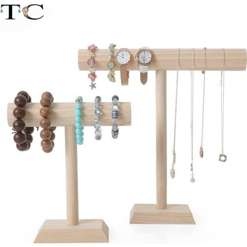 Luxury Bamboo Wood Jewelry Bracelet Necklace Watch Display Stand Holder T-bar Jewelry Packaging Necklace Display Rack