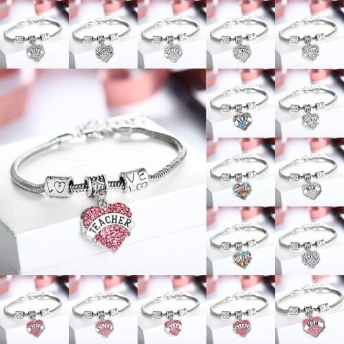 Snake Chain Love Bead Chain Bracelets Bangles Love Heart Crystal Charm Pendant Mom Grandma Niece Daughter Sister Teacher Gifts