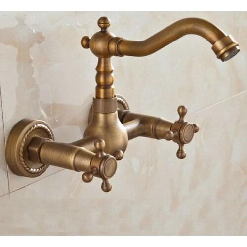 Vintage Retro Antique Brass Two Hole Cross Handle Kitchen Bathroom Basin Faucet Sink Hot Cold Mixer Tap Swivel Spout 360' dtf006