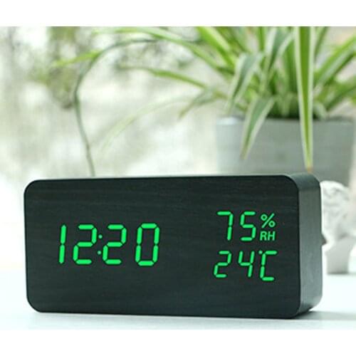 LED Wooden Table Clock Voice Control Digital Clock Alarm Clock with Three Group Ringing Calendar Temperature Humidity Function