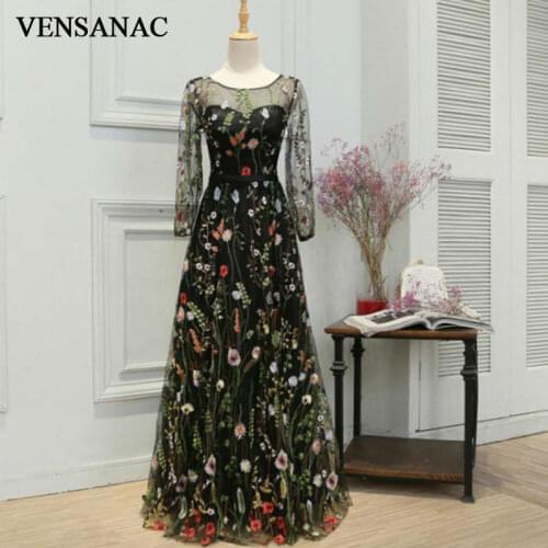 VENSANAC 2017 New A Line Lace O Neck Long Evening Dresses Full Sleeve Elegant Cap Sleeve Draped Party Prom Gowns