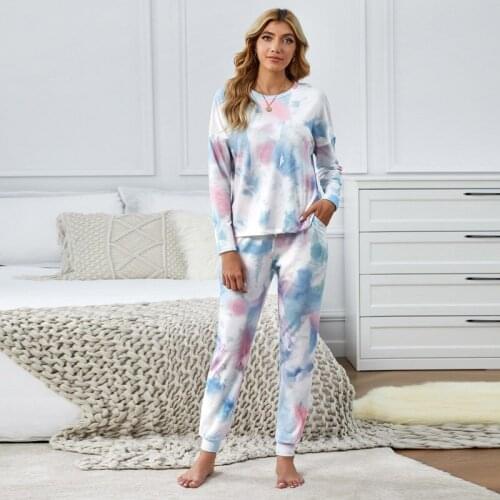 Shiying Long Sleeve Womens Housewear Winter Suit 2020 New Leisure Tie Dyed Round Neck European and American Pajamas Women