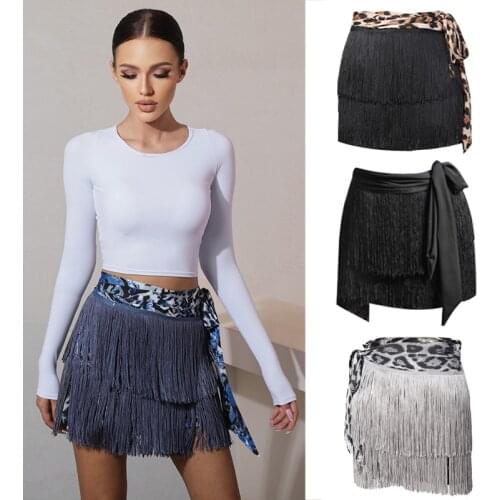 2020 New Leopard Skirt Latin Dance Practice Clothes Double Layer Encryption Fringed Skirt Chacha Samba Latin Dance Skirts SL4324
