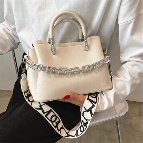 High Quality PU Leather Chain Handbags for Women Vintage Pure Color Lady Crossbody Bags New Simple Wide Strap Shoulder Bag Sac