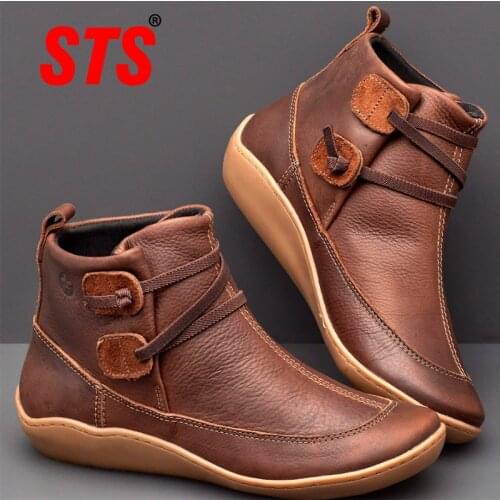 STS Women Boots Autumn Leather Flat Shoes Fashion Martin Short Boots Female Retro Non-Slip Casual Womens Shoes Zapatos De Mujer