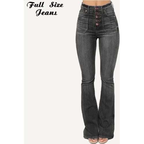 Spring Women Plus Size Button Up Design Pockets High Waist Flare Jeans 4XL Gray Black Light Blue Casual Bell-bottom Denim Pants