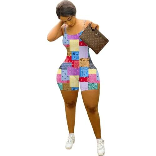 Colorful Print Skinny One Piece Biker Shorts Womens Jumpsuits And Rompers Summer 2021 New Product Cute Fashion Sexy Fitness Wear