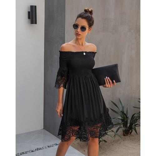 Spring and Summer womens Basic One-shoulder Open Back Solid Color Lace Dress
