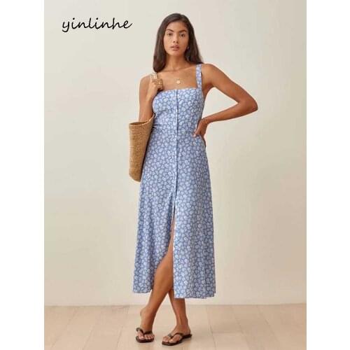 Yinlinhe Blue Floral Brace Long Dress Women Backless Summer Dress Hihg Waist Slim Elegant Button Dresses French Outfits 2155