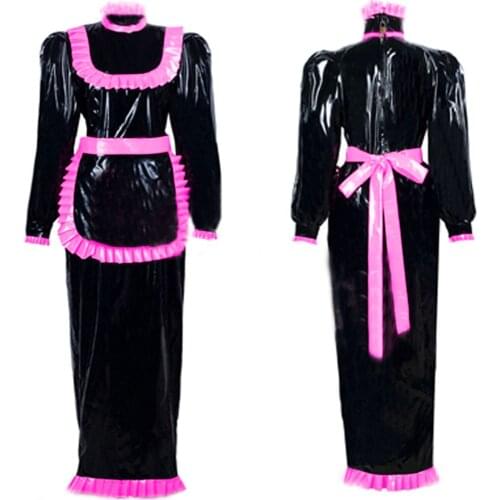 Maid dress Cosplay Animation Long Dress 2021 Women Long Sleeves Bodycon dresses Zip boho Leather PVC Party Club Lockable Dresses