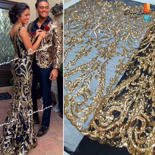 Gold Sequined Embroidered Mehs Tulle Lace Fabric 2019 HIgh Quality African Sequins Net Lace Wedding Prom Dresses Bride Material