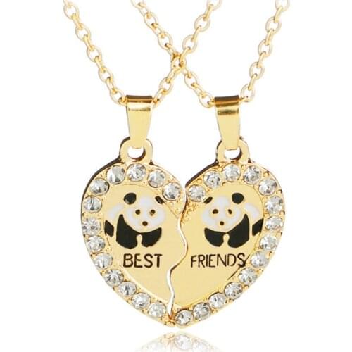 2pcs/Pair Heart Shape Panda Pendant Necklace Crystal Jewelry Gold Silver Chains Best Friends Necklaces Gift for Men Women Couple