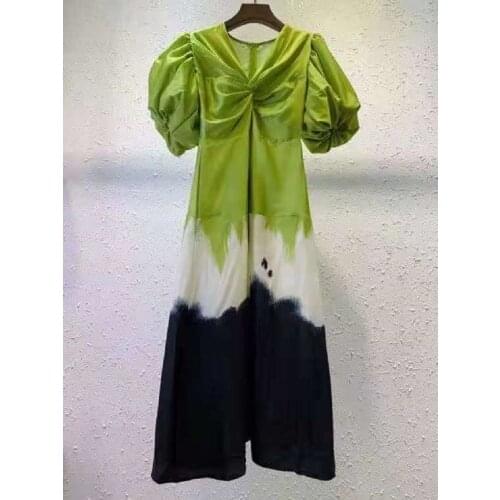 2021 Summer Hot Sale Dress High Quality Women V-Neck Vintage Ink Paiting Print Lantern Sleeve Mid-Calf Casual Party Tunic Dress