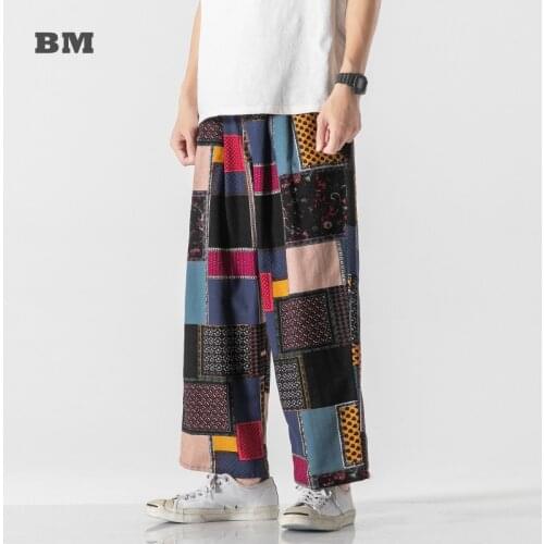 2021 Retro Fashion Patch Beggar Casual Pants Chinese Style Plus Size Cotton Linen Straight Trousers Men Clothing Harajuku Male
