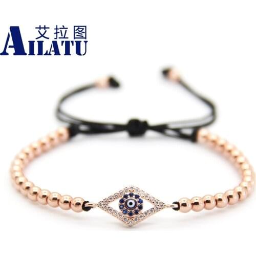 Ailatu Fashion Micro Pave CZ Turkish Blue Eyes Bracelet 4mm Real Plated Copper Beads Trendy Braided Macrame Jewelry