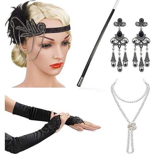 1920s flapper dress accessories Retro Party props GATSBY CHARLESTON headband pearl necklace white feather band for wedding