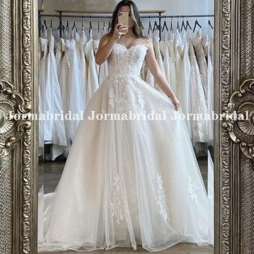 Ivory Shiny Tulle Wedding Dress Romantic Lace Appliques Sweetheart Neck A-Line Bridal Dresses Sparkly Skirt Bride Gowns Vestidos