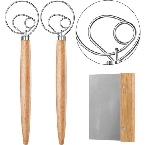2Pcs Danish Dough Whisk with a Scraper, Bread Mixer Scraper, Wooden Handle Dough Whisk and Bread Cutting Scraper