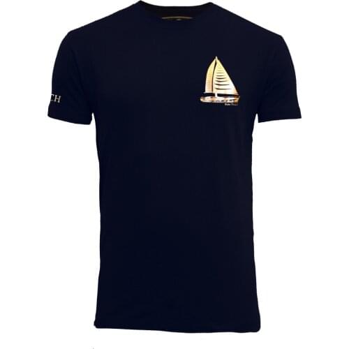 Bichon Designs T-shirt men short sleeve nautical style, navy blue and white printed sailboat Golden S metallic