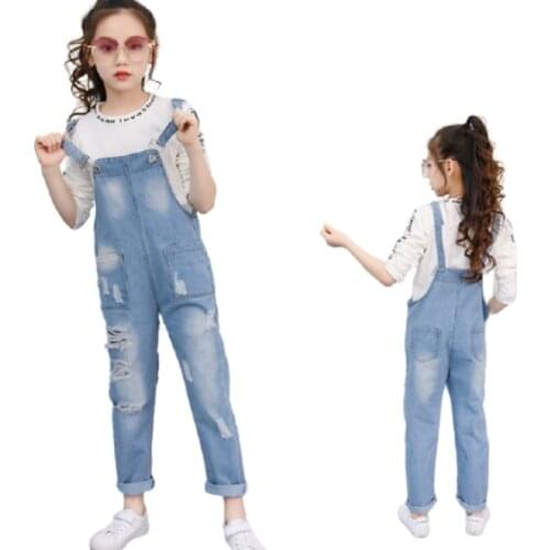 2021 Autumn Childrens Clothing Ripped Jeans Baby Girl Leisure Denim Overalls 4 6 8 10 12 14 16 Years