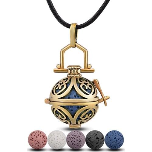 Eudora Antique Copper Pendant Necklace with 5pc Volcanic Lava Stone Ball Pendant Women Aroma Diffuser Locket Pendant Necklace
