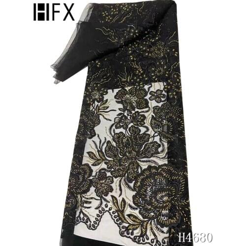 HFX 2021 fashionable handmade beaded tulle embroidery french net lace fabric gold black lace with beads for wedding dress H4680