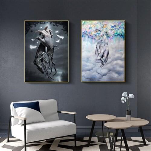 Holding Hands Lover Black White Wall Art Posters Print Canvas Colorful Butterfly Wall Art Picture for Living Room Decor No Frame