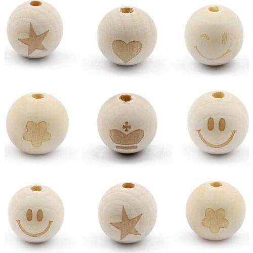 JHNBY 10pc/lot 20mm Round Natural Wood Beads Smiling Face Heart Star Baby Teether Child Teething Wooden Beads for Jewelry Making