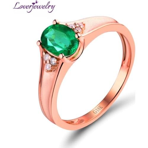 LOVERJEWELRY Emerald Rings Oval 5x7mm Genuine Emerald Diamonds Ring Solid 18Kt/AU750 Rose Gold Ring Jewelry For Wommen Wedding
