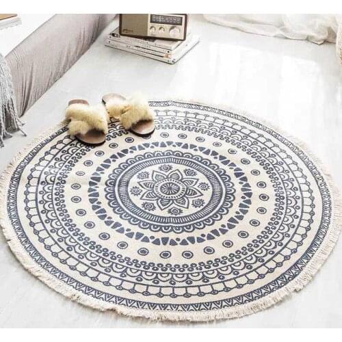 Retro Round Carpet For Living Room Bedroom Cotton Linen Tassels Rug Yarn Dyed Tapestry Mat Home Decoration